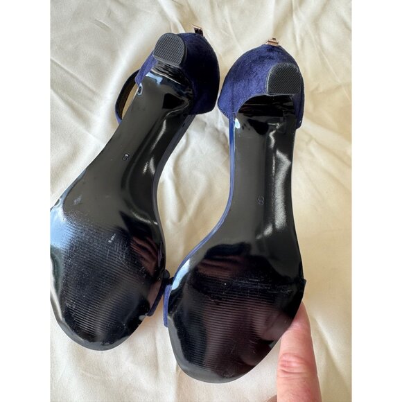 Navy Blue Suede Open-Toe Ankle Strap Sandals With Back Zipper - Picture 6 of 6